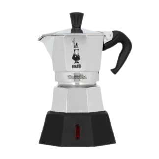 Srebrna kawiarka elektryczna Bialetti New Moka Elettrika, 2 filiżanki, kompaktowy model z czarną podstawą