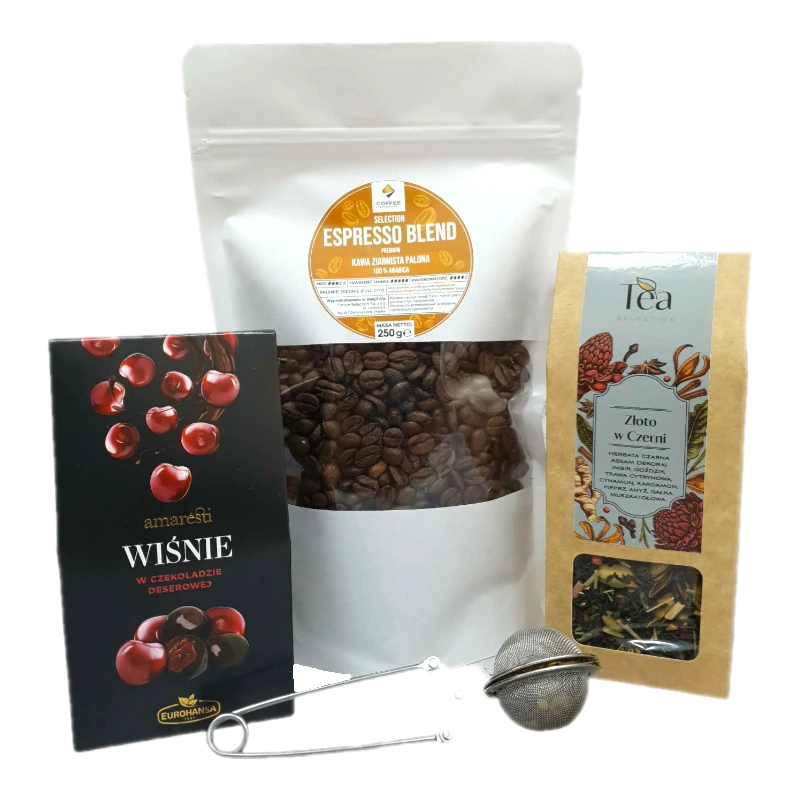 Zestaw prezentowy z produktami spożywczymi: wiśnie w czekoladzie deserowej, kawa Espresso Blend, herbata czarna Złoto w Czerń