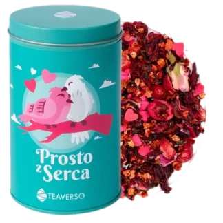 Herbata owocowa w ozdobnej puszce z motywem ptaszków, mieszanka owocowa 'Prosto z Serca' od Teaverso