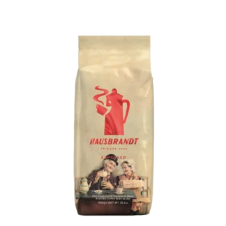 Kawa ziarnista Hausbrandt Espresso 1kg w eleganckim beżowym opakowaniu z czerwoną grafiką i wizerunkiem starszej pary na dole