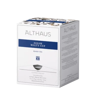 Opakowanie herbaty Althaus Assam Malty Cup, intensywna czarna herbata, zawierające 15 indywidualnie pakowanych saszetek, z eleganckim niebiesko-białym designem, wyprodukowane w Niemczech