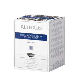 Opakowanie herbaty Althaus English Breakfast St. Andrews, czarna herbata, zawierające 15 indywidualnie pakowanych saszetek, z eleganckim niebiesko-białym designem, wyprodukowane w Niemczech