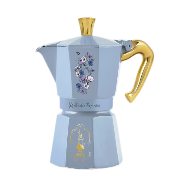 Niebieska kawiarka Bialetti Moka Express edycja Bridgerton z złotym uchwytem i dekoracyjnym motywem kwiatowym, idealna do tradycyjnego przygotowywania włoskiej espresso