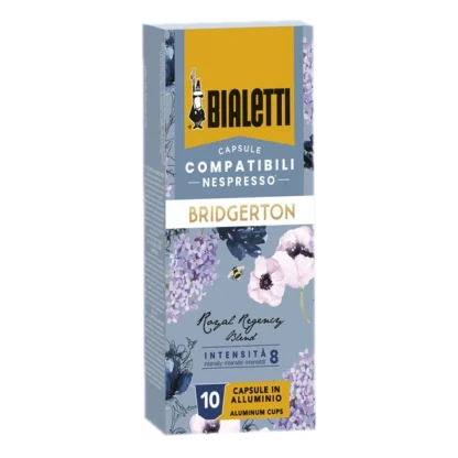 Opakowanie kapsułek kawy Bialetti Bridgerton Royal Regency Blend, kompatybilnych z Nespresso, intensywność 8, zawierające 10 aluminiowych kapsułek, ozdobione kwiatowym wzorem w stylu regencyjnym