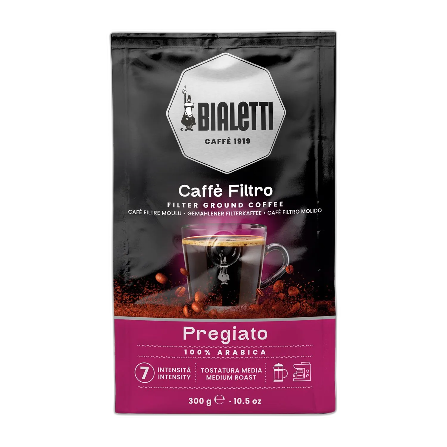 Opakowanie kawy mielonej Bialetti Caffè Filtro Pregiato o pojemności 300 g. Czarna torba z logo Bialetti i obrazem filiżanki kawy filtrowej. Intensywność 7, średni stopień palenia, 100% Arabica. Idealna do ekspresów przelewowych i metod alternatywnych. Wyrazisty smak z nutami głębokiego aromatu dla miłośników kawy.