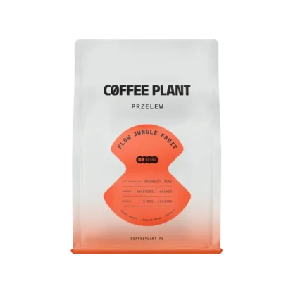 Opakowanie 250g kawy przelewowej Coffee Plant Flow Jungle Fruit z Peru, dedykowanej do metod alternatywnych. Etykieta na opakowaniu podaje szczegóły o pochodzeniu (region San Ignacio, Peru), odmianach Arabiki (Ateng i Caturra), oraz metodzie obróbki (anaerobic-washed). Kawa charakteryzuje się tropikalnym profilem smakowym, który uwalnia nuty owocowe, idealne do delikatnych i aromatycznych zaparzeń.
