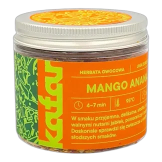 Herbata owocowa Mango Ananas od Kafar w szklanym słoiczku z pomarańczową etykietą. Połączenie egzotycznych nut mango i ananasa z delikatną słodyczą jabłek i pomarańczy. Idealna na zimowe wieczory oraz chwile relaksu, przyciąga aromatem i orzeźwiającym smakiem. Perfekcyjny wybór dla miłośników owocowych herbat o tropikalnym charakterze.