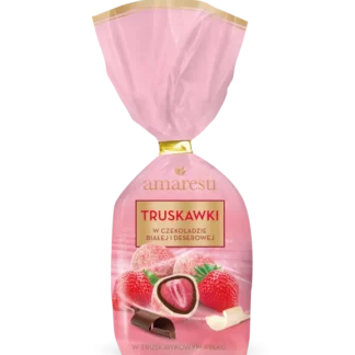 Opakowanie 160 g Amaretti Truskawki w Czekoladzie – delikatna biała i deserowa czekolada otaczająca soczyste truskawki, posypane truskawkowym pyłkiem.