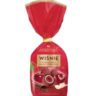 Opakowanie 160 g Amaretti Wiśnie w Czekoladzie – połączenie białej i deserowej czekolady, otulające soczyste wiśnie, obsypane wiśniowym pyłkiem.