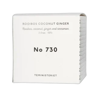 Opakowanie herbaty Teministeriet No 730 Rooibos Coconut Ginger. Eleganckie, białe pudełko z czarnymi napisami, zawierające mieszankę rooibosa z kokosem, imbirem i cynamonem. Idealna na relaksujące chwile z intensywnym smakiem i aromatem.