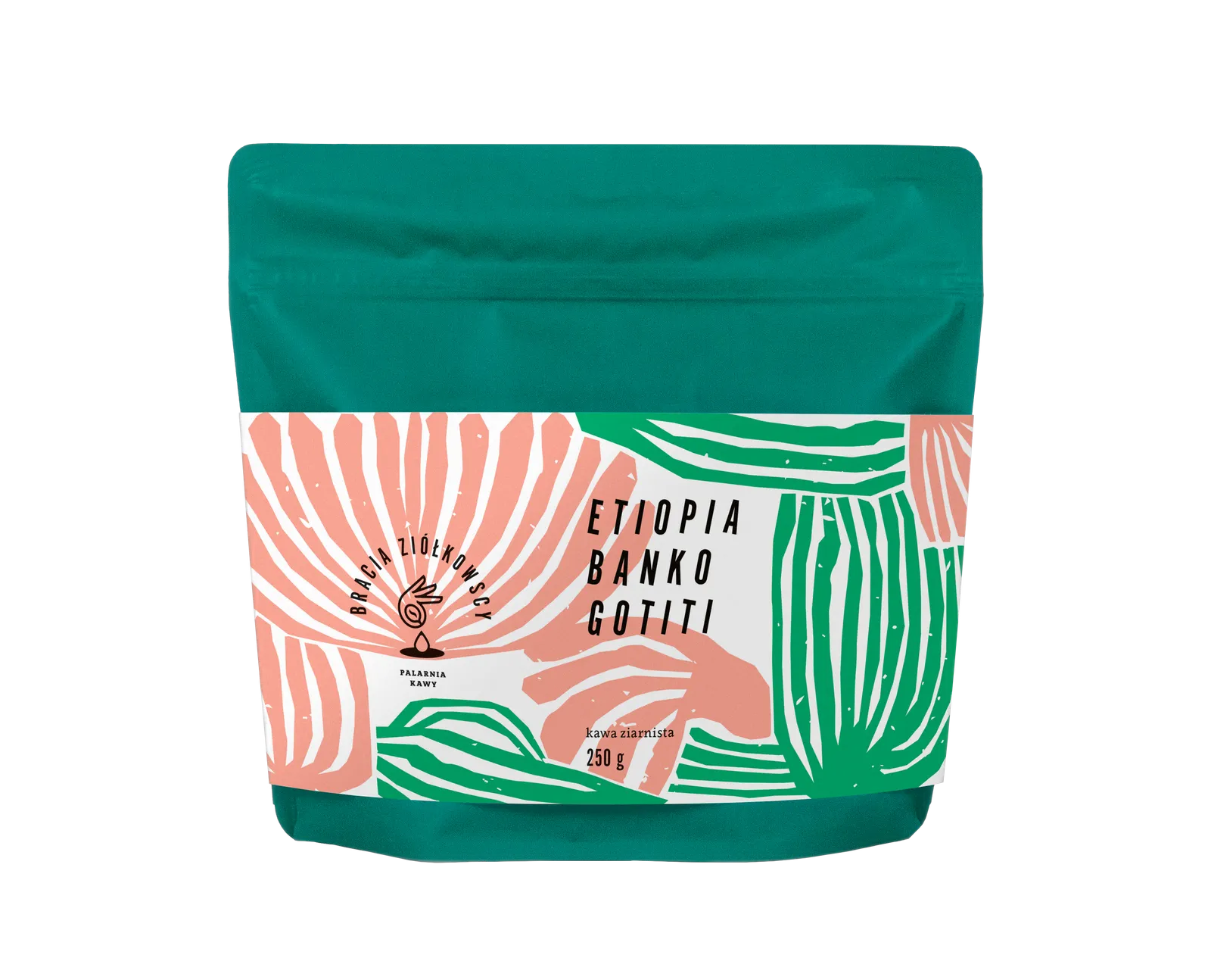 Kawa ziarnista Bracia Ziółkowscy Etiopia Banko Gotiti w opakowaniu 250 g wyróżnia się kolorową etykietą z motywem liści i nowoczesnym designem. To jasno palona kawa z Etiopii o profilu smakowym pełnym nut owocowych i kwiatowych, idealna do alternatywnych metod parzenia.