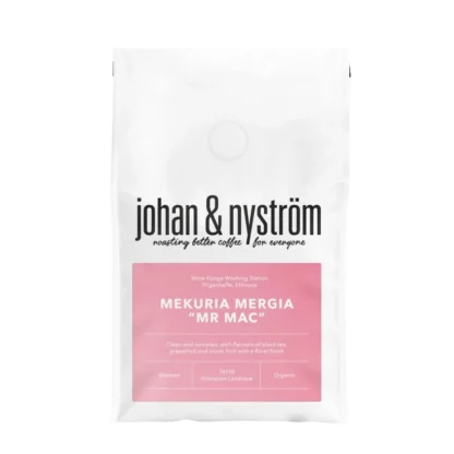 Johan & Nyström Etiopia Mekuria Mergia "Mr Mac" – kawa speciality z regionu Yirgacheffe, Etiopia. Charakteryzuje się czystym i złożonym smakiem z nutami czarnej herbaty, grejpfruta i owoców pestkowych, z kwiatowym finiszem. Organiczna, myta arabika o wyjątkowej jakości.