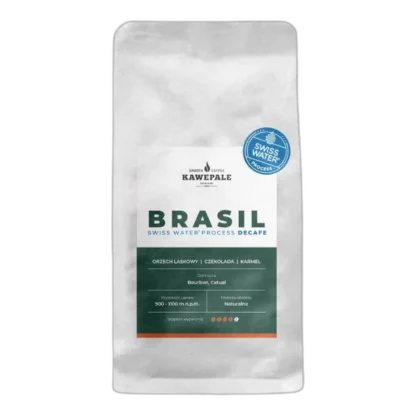 Opakowanie kawy bezkofeinowej Kawepale Brasil Decaf, przetwarzanej metodą Swiss Water, zapewniającą naturalne usunięcie kofeiny. Mieszanka odmian Bourbon i Catuai charakteryzuje się nutami orzecha laskowego, czekolady i karmelu, oferując bogaty smak bez pobudzającego efektu.