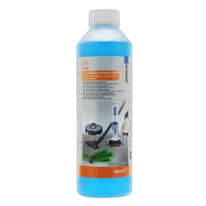 Butelka 500 ml koncentratu czyszczącego Scanpart przeznaczonego do robotów mopujących i odkurzaczy z funkcją mycia podłóg, z wyraźnym oznaczeniem sosnowego zapachu. Etykieta zawiera ilustracje kompatybilnych urządzeń oraz informacje o zastosowaniu środka do różnych rodzajów podłóg i powierzchni.