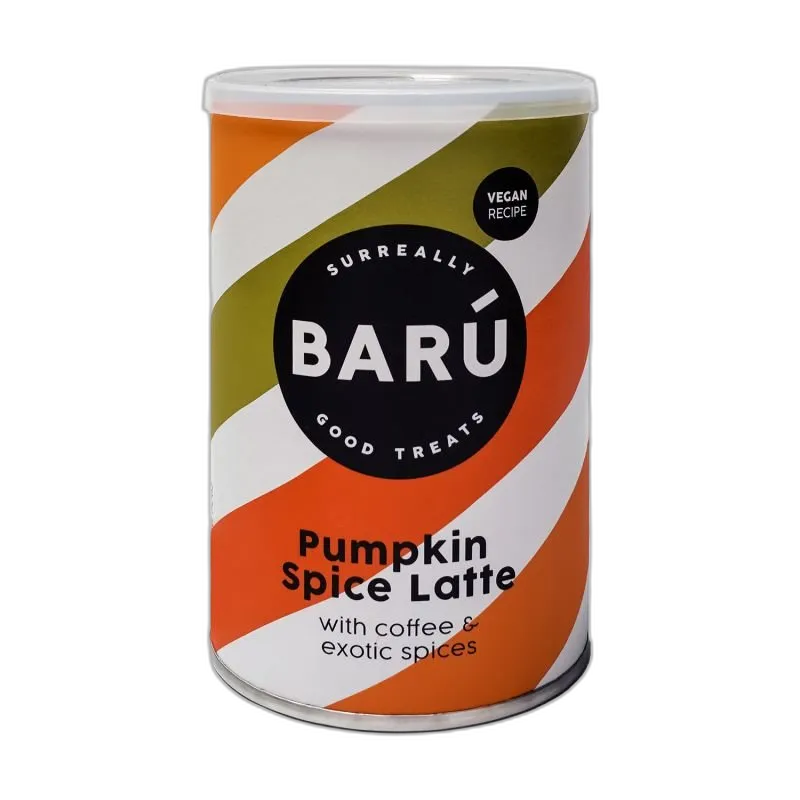 BARÚ Pumpkin Spice Latte 250 g – wegański napój instant z kawą, dynią i egzotycznymi przyprawami w kolorowym opakowaniu, idealny na jesienne dni.
