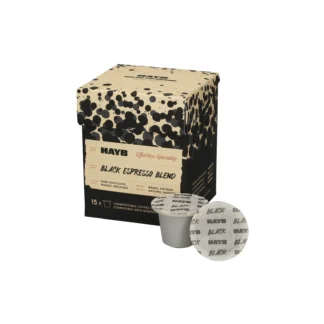 Kompostowalne kapsułki do Nespresso® Hayb Black Espresso Blend o profilu smakowym ciemnej czekolady, orzecha włoskiego i melasy. Produkt dostępny do kupienia w sklepie z kawą.