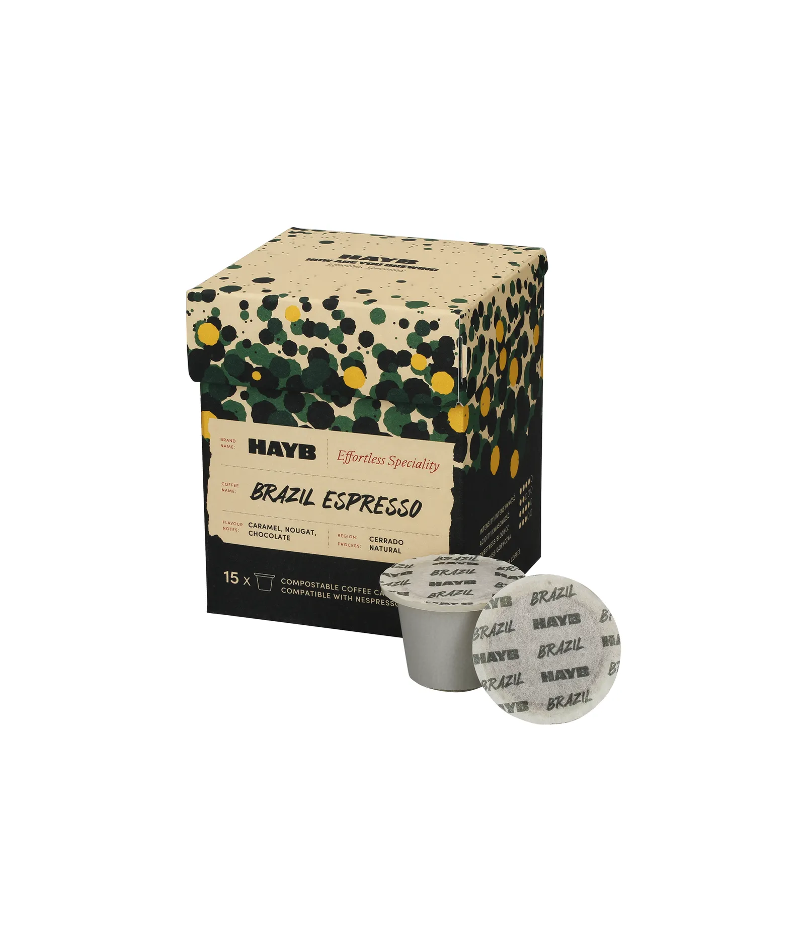 Kompostowalne kapsułki do Nespresso® Hayb Brazil Espresso o smaku karmelu, nugatu i czekolady, przygotowane z kawy z regionu Cerrado. Produkt dostępny do kupienia w sklepie z kawą.