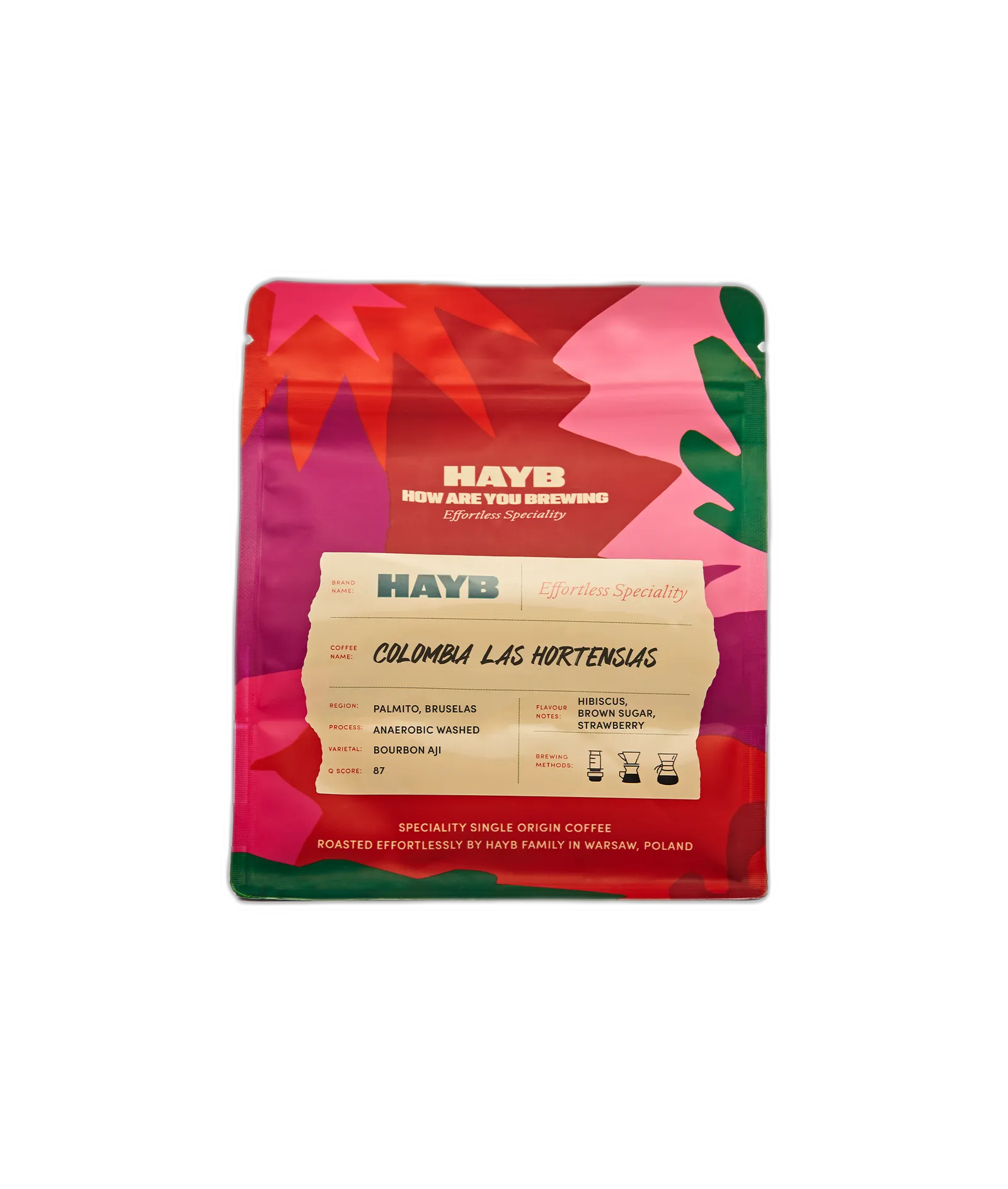 Opakowanie kawy speciality HAYB Colombia Las Hortensias z regionu Palmito w Kolumbii, z nutami hibiskusa, truskawki i brązowego cukru, przeznaczona do dripa, chemeksa i ekspresu przelewowego