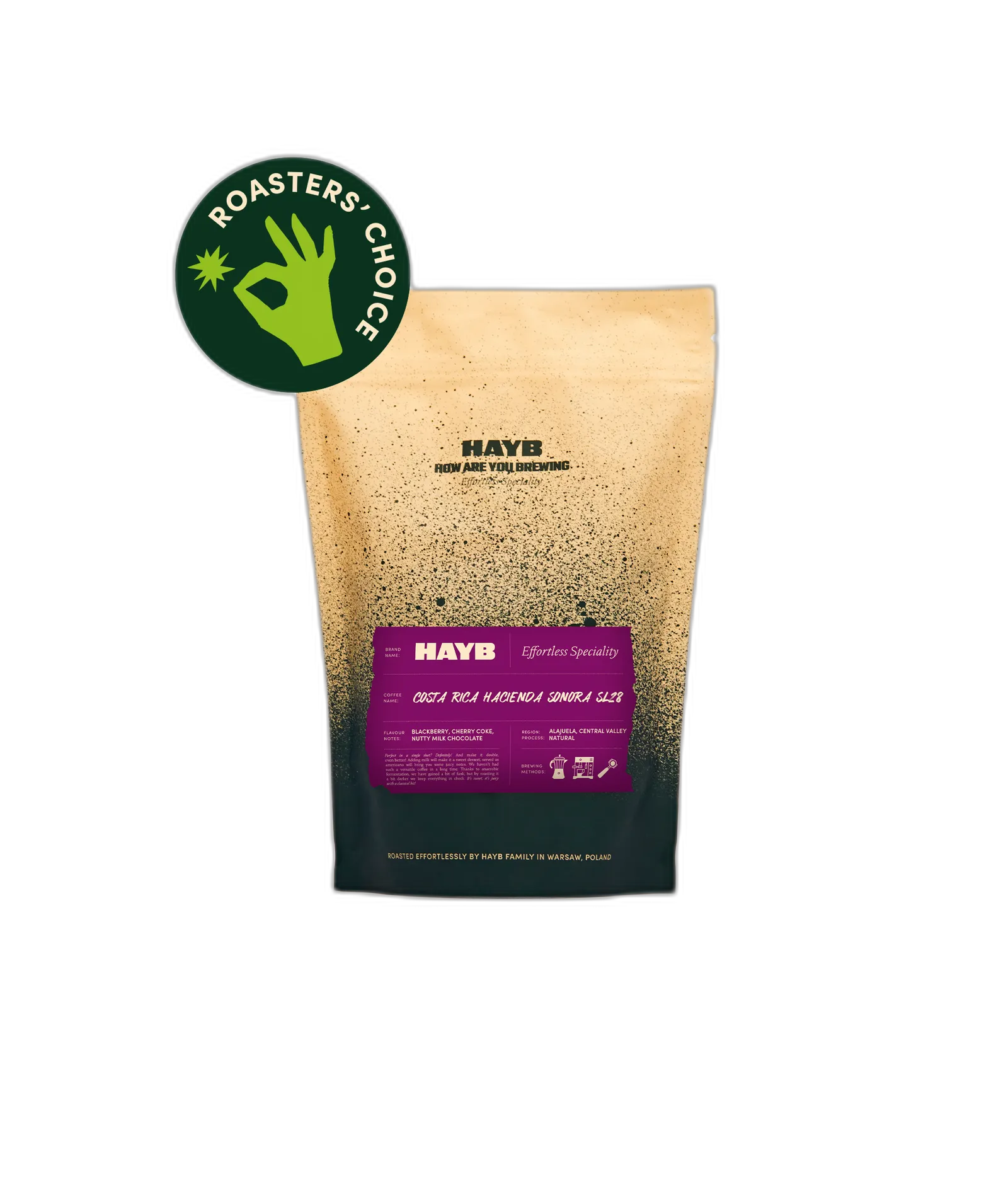 Opakowanie kawy HAYB Costa Rica Hacienda Sonora SL28 z fioletową etykietą i oznaczeniem Roasters' Choice. Espresso z regionu Alajuela o nutach jeżyn, wiśni i mlecznej czekolady. Wypalana w Warszawie.