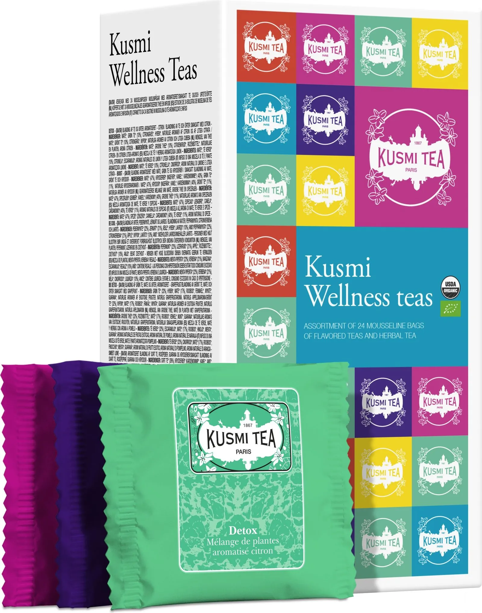 Zestaw Kusmi Tea Wellness – 24 kopertki herbat ziołowych i aromatyzowanych, opakowanie z kolorowymi grafikami i wyeksponowaną saszetką Detox z cytrynowym aromatem.