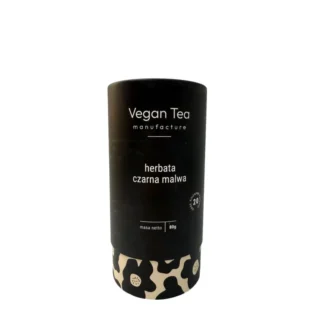 Czarne opakowanie herbaty Vegan Tea z białym napisem: „herbata czarna malwa, masa netto 80g, 20 filiżanek naparu”. Dolna część ozdobiona grafiką dużych kwiatów w czarno-kremowej tonacji. Elegancka, roślinna kompozycja z intensywnym, kwiatowym aromatem.