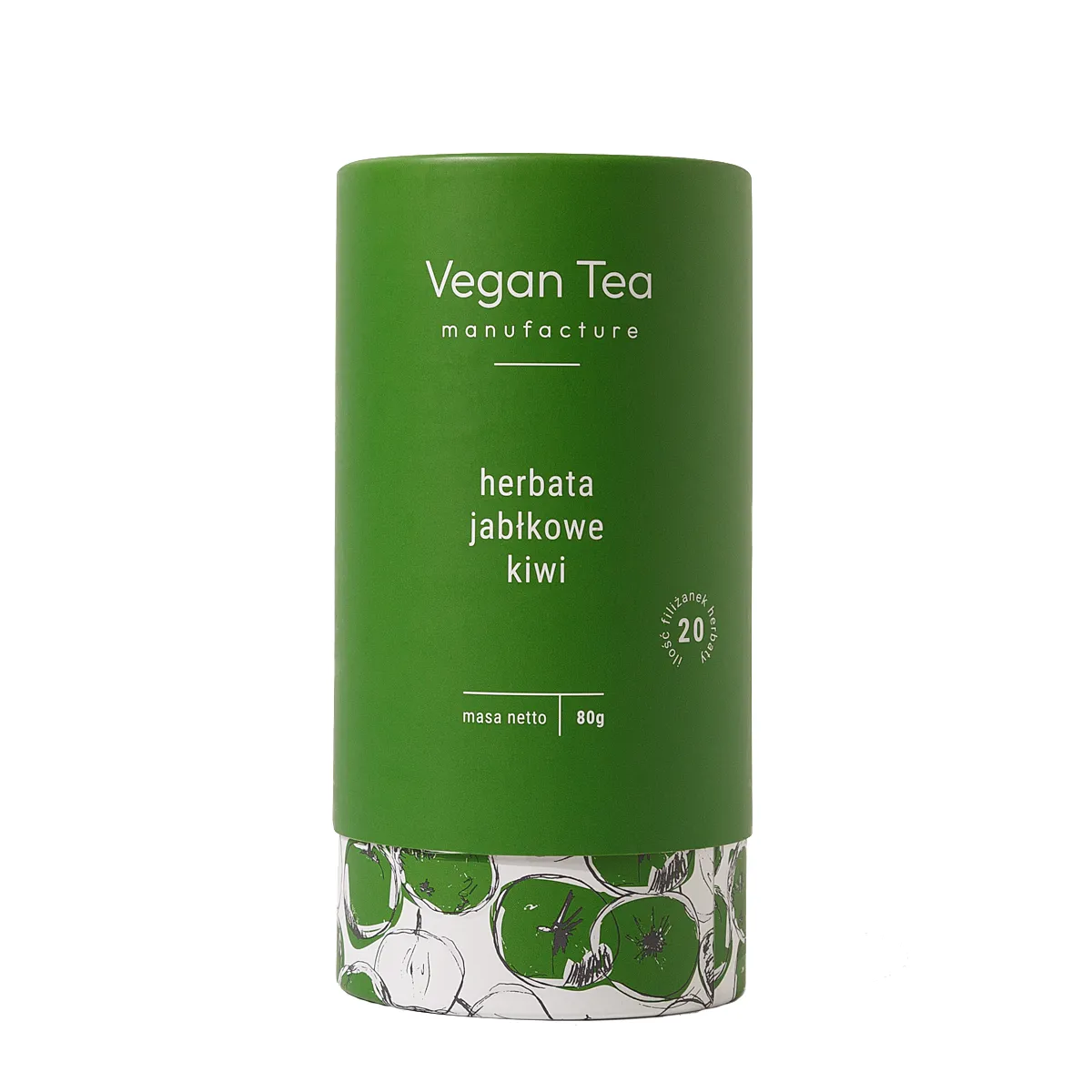 Zielone opakowanie herbaty Vegan Tea z napisem: „herbata jabłkowe kiwi, masa netto 80g, 20 filiżanek naparu”. Dolna część puszki ozdobiona grafiką zielonych jabłek i kiwi. Herbata owocowa łącząca słodycz jabłek z nutą egzotyki.