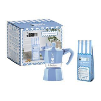 Bialetti Zestaw Moka Express 3tz Błękitna + Kawa Perfetto Moka Mandorla 250g