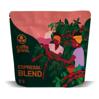 Opakowanie kawy Caffe Grano Espresso Blend 250g z ilustracją zbioru ziaren kawowca – mieszanka idealna do espresso, dostępna w sklepie Coffee Selection.