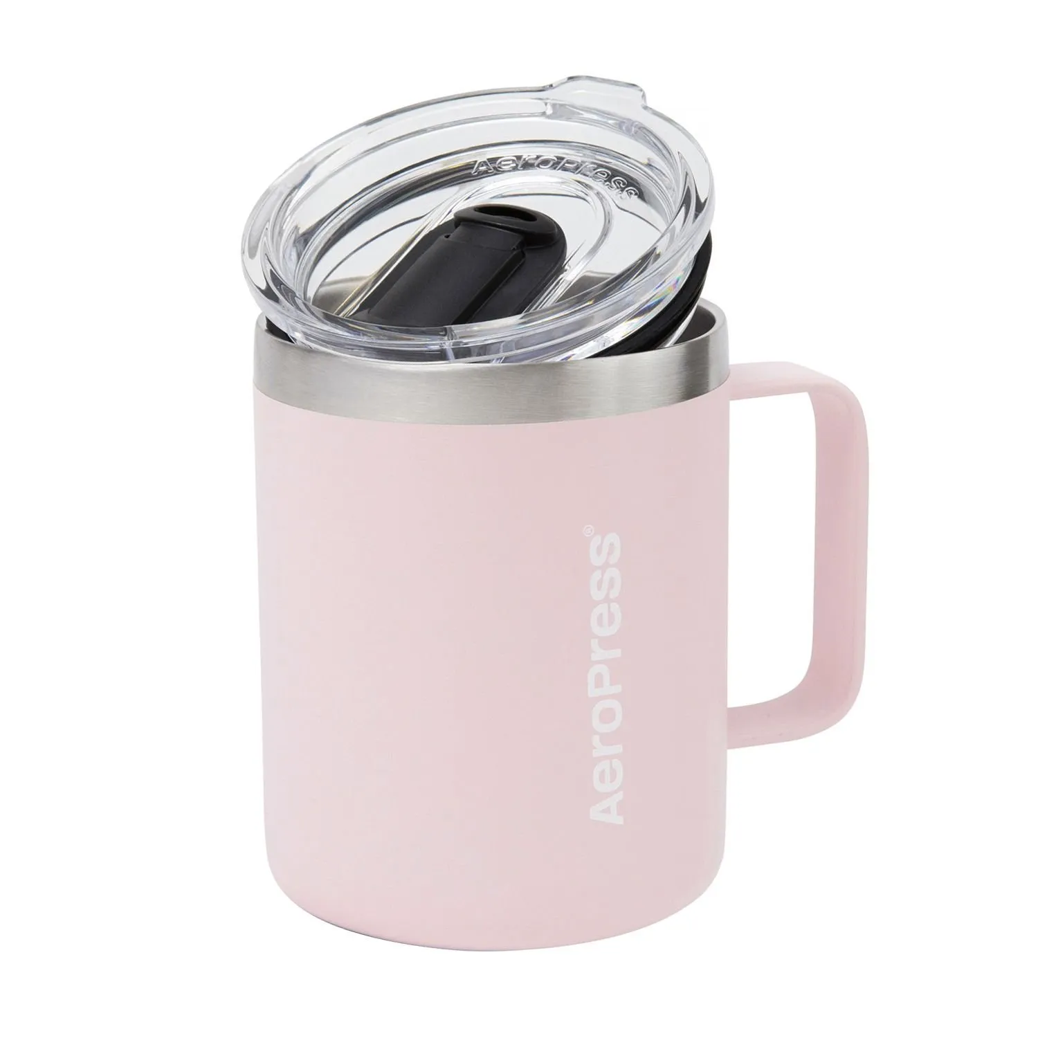 Różowy kubek termiczny AeroPress z przezroczystą pokrywką i uchwytem, wykonany ze stali nierdzewnej, idealny do gorących napojów w podróży.