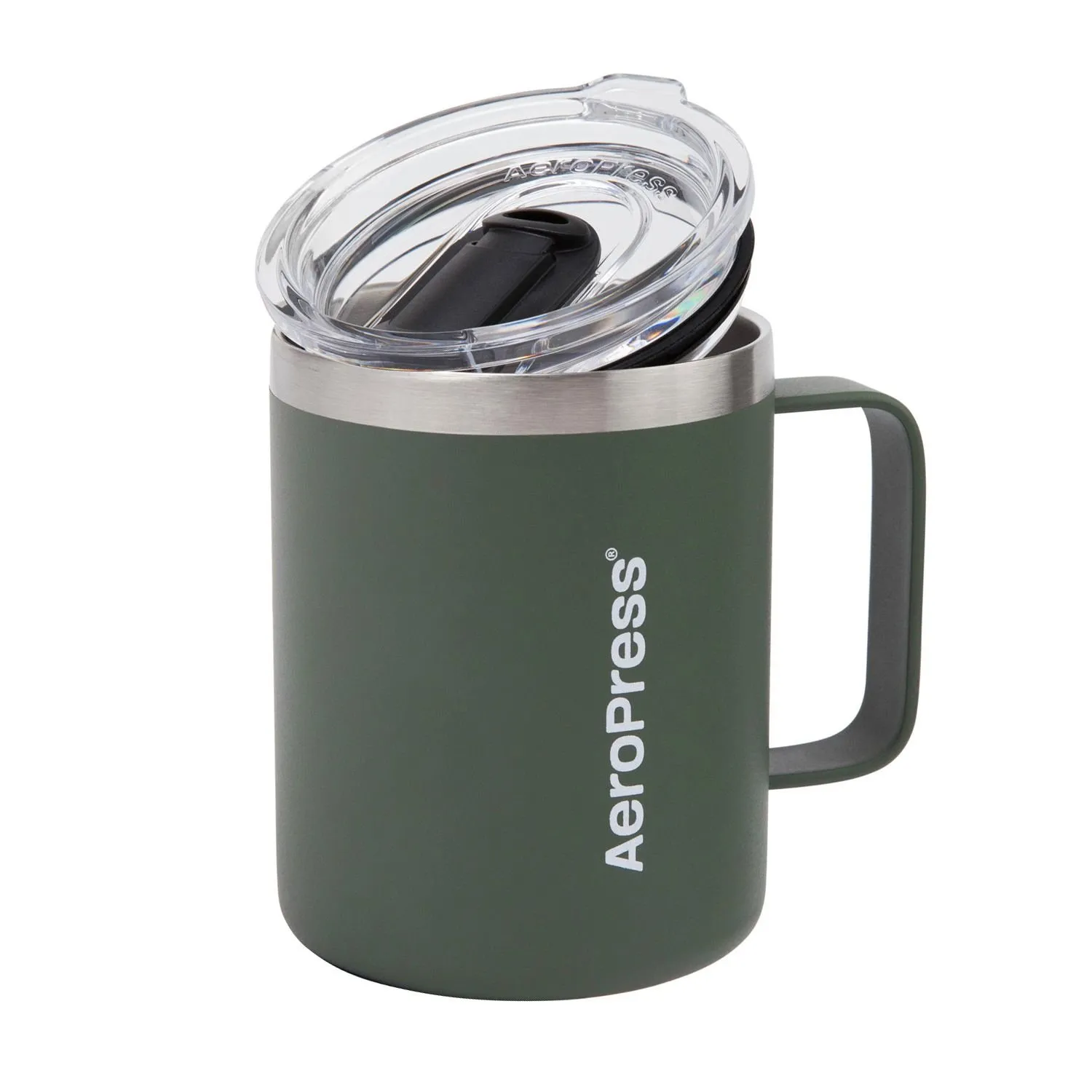 Zielony kubek termiczny AeroPress z przezroczystą pokrywką i stalowym rantem, idealny do kawy i herbaty w podróży.