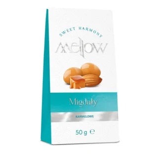 Opakowanie migdałów karmelowych Mellow 50g z serii Sweet Harmony – pyszna, chrupiąca przekąska dostępna w sklepie Coffee Selection, idealna do kawy lub jako słodki dodatek do prezentu.