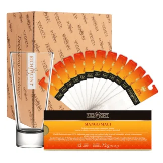 Zestaw herbaty Richmont Mango Maui Ice Tea – 12 torebek herbaty owocowo-ziołowej z mango, papają i ananasem oraz szklanka do serwowania na zimno – dostępne w sklepie Coffee Selection