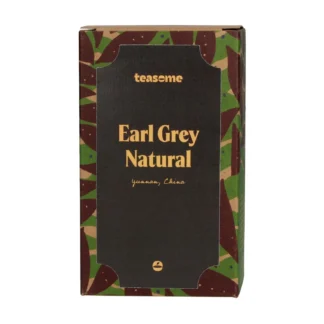 Opakowanie herbaty Teasome Earl Grey Natural 50 g z czarnej herbaty z Yunnanu, aromatyzowanej naturalnym olejkiem z bergamotki. Elegancka grafika z czarną etykietą i kolorowym tłem.