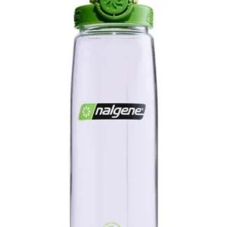 Przezroczysta butelka Nalgene o pojemności 0,7 litra z zieloną nakrętką typu OTF, idealna do codziennego użytku i aktywności outdoorowych.