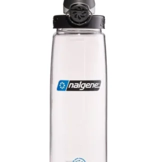 Przezroczysta butelka Nalgene o pojemności 0,7 litra z czarną zakrętką typu OTF i klasycznym logo – praktyczna i szczelna butelka na wodę.