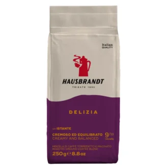 Opakowanie 250g włoskiej kawy mielonej Hausbrandt Delizia o intensywności 9/10 – kremowa i zbalansowana mieszanka, idealna do espresso, dostępna w sklepie Coffee Selection.