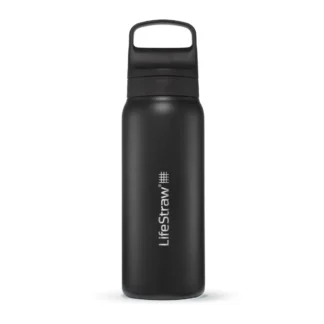 Czarna butelka LifeStraw Go 2.0 Steel o pojemności 0,7 litra z białym logo i poręcznym uchwytem, wykonana z trwałej stali nierdzewnej, widoczna na jasnym tle.