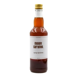 Szklana butelka syropu dyniowego Mount Caramel o pojemności 500 ml, idealna do aromatyzowania kawy oraz herbaty. Hand-made produkt, który doda wyjątkowego smaku twoim napojom, sprawiając, że każde parzenie stanie się prawdziwą przyjemnością.