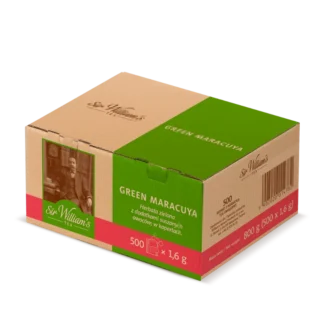 Opakowanie herbaty zielonej Green Maracuja zawierające 500 saszetek. Produkt marki Sir William's, wzbogacony o suszone owoce, idealny do każdego parzenia.
