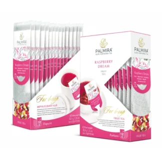 Opakowanie herbaty owocowej Palmira Raspberry Dream prezentuje 12 porcji aromatycznej mieszanki owocowej. Idealna na ciepłe dni, zachwyca smakiem świeżych malin, wprowadzając do każdego naparu nutę orzeźwienia.
