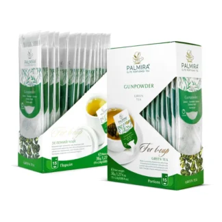 Opakowanie z 15 saszetkami zielonej herbaty Gunpowder marki Palmira, idealne do szybkiego parzenia. Aromatyczna herbata o intensywnym smaku, doskonała dla miłośników wysokiej jakości naparów.
