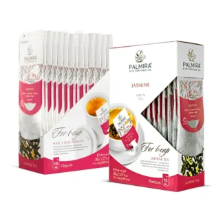 Opakowanie herbaty zielonej jaśminowej marki Palmira zawiera 15 porcji, idealnych do parzenia aromatycznego napoju. Każda saszetka jest starannie zapakowana, co zapewnia doskonałą świeżość i intensywny smak, doskonały dla miłośników herbaty.