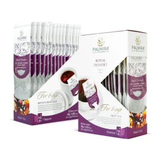 Opakowanie herbaty owocowej Royal Dessert marki Palmira, zawierające 15 porcji, idealnej do zaparzania. Subtelne połączenie owocowych smaków sprawia, że doskonale pasuje na każdą okazję oraz jako słodkie zakończenie posiłku.