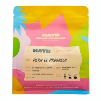 Opakowanie kawy Peru El Progreso od marki HAYB, o wyjątkowych nutach mandarynki, jabłka i karmelu. Idealna do przygotowania aromatycznego napoju, w pełni podkreślającego smak kawy specialty, idealna dla koneserów.