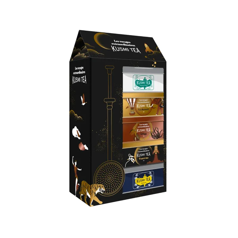 Zestaw herbat Kusmi Tea prezentuje cztery wyjątkowe smaki w eleganckim opakowaniu, idealnym na prezent. Doskonały dla miłośników herbaty, zawiera różnorodne mieszanki, które zachwycą każdego smakosza.