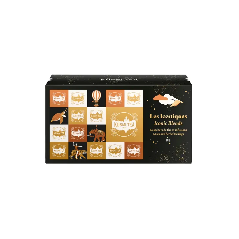 Zestaw Kusmi Tea Les Iconiques zawiera 24 saszetki wyjątkowych herbat i naparów z certyfikatem BIO, idealnych dla miłośników aromatycznych napojów. Estetyczne opakowanie przedstawia różnorodne smaki, tworząc doskonały wybór na prezent lub chwilę relaksu.