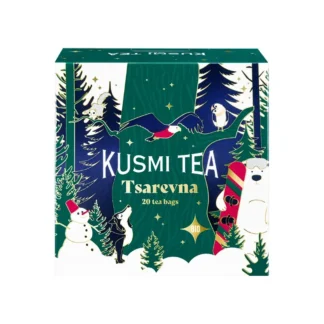 Opakowanie herbaty Kusmi Tea Tsarevna, przedstawiające kolorową grafikę z leśnymi zwierzętami w świątecznej scenerii. Zestaw zawiera 20 ekologicznych torebek, idealnych do przygotowania wyjątkowego naparu.