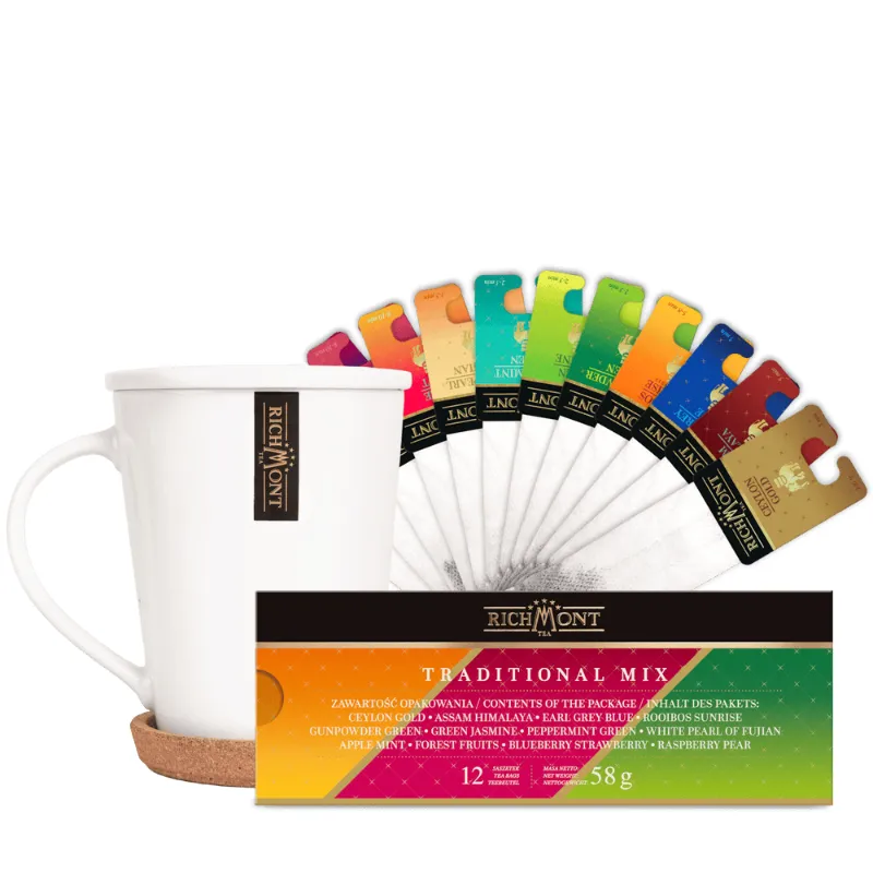 Zestaw herbat RICHMONT Traditional Mix zawiera 12 różnych smaków, w tym Ceylon Gold oraz Earl Grey Blue, idealnych dla miłośników herbaty. W komplecie znajduje się elegancka filiżanka, co czyni go doskonałym pomysłem na prezent oraz doskonałym wyborem do degustacji wyjątkowych aromatów.
