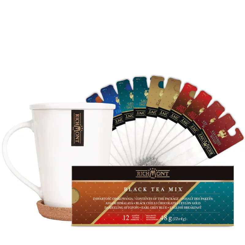 Obraz przedstawia elegancki zestaw herbat czarnych Richmont, zawierający 12 różnych smaków, idealnych dla miłośników herbaty. W zestawie znajduje się również stylowy kubek, który umila każdy moment picia naparu, Nadając wyjątkowego charakteru herbacianym rytuałom.