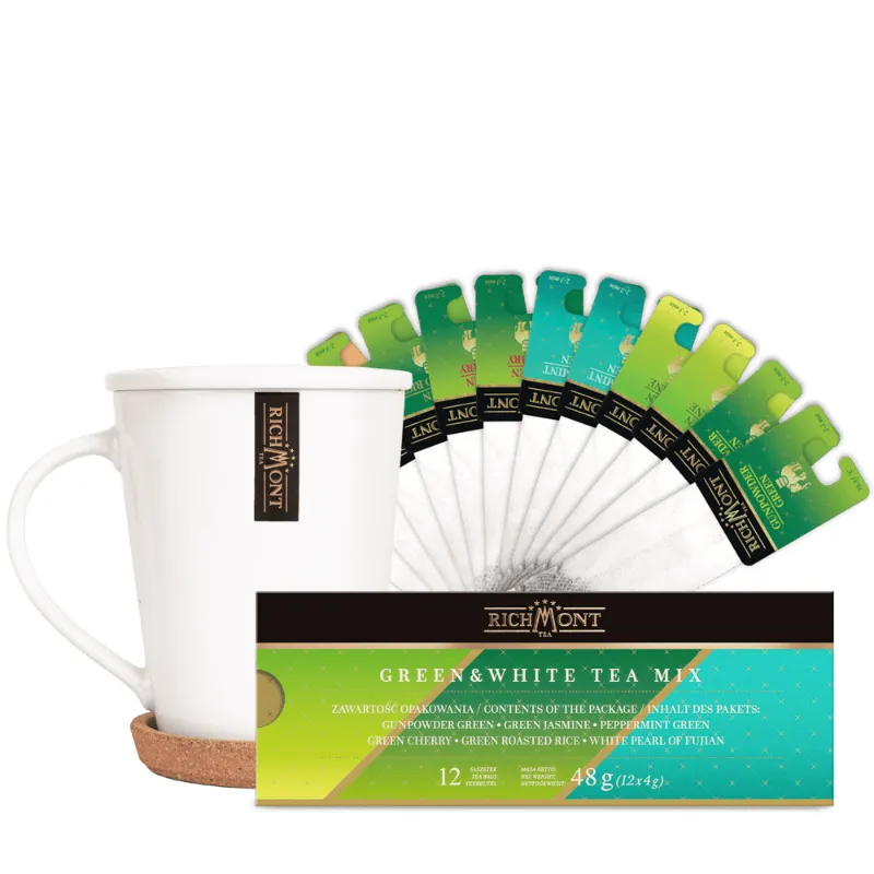 Zestaw herbaty zielonej i białej Richmont zawiera elegancką filiżankę oraz 12 saszetek aromatycznych herbat, idealnych na każdą okazję. Poczuj wyjątkowy smak połączenia herbaty gunpowder, jaśminu i mięty, które umilą chwile relaksu.